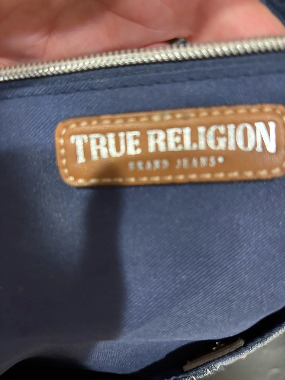 True Religion Navy Denim Crossbody with Brown Leather Logo Patch